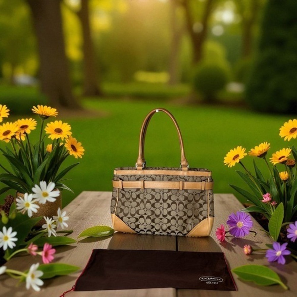 Coach‎ Signature Satchel Tote Tan Leather Trim Classic Shoulder Bag Vintage Y2K - Picture 2 of 11